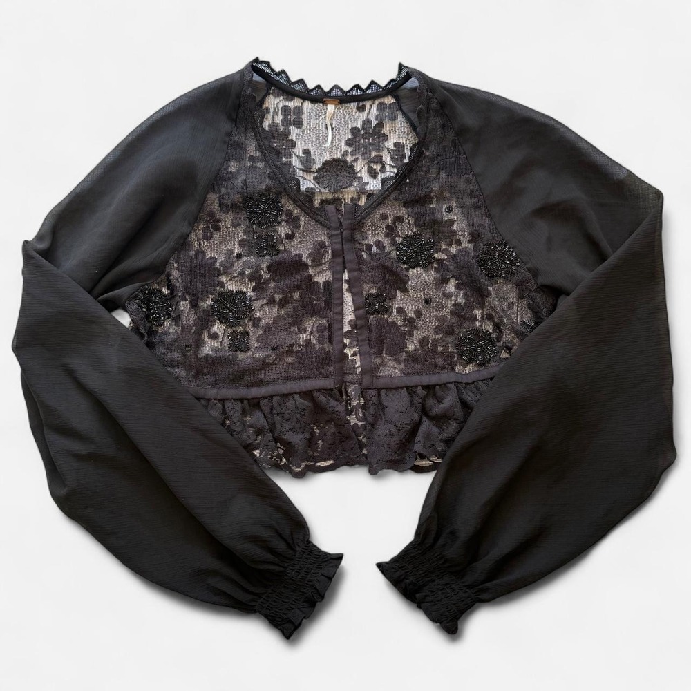 Free People Beaded Lace Cropped Cardigan Black Sheer Boho Top Small